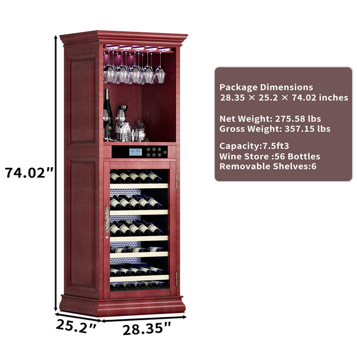 Wine cabinet with wine bottles and glasses, dimensions displayed on a white background