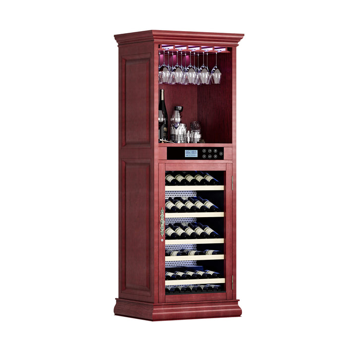 Wooden wine cabinet with glass holders and bottle storage on a white background