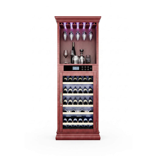 Wooden wine cabinet with glass shelves and bottle storage on a white background