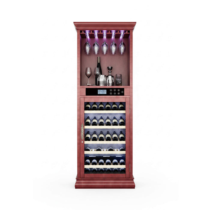 Wooden wine cabinet with glass shelves and bottle storage on a white background