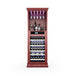 Wooden wine cabinet with glass shelves and bottle storage on a white background