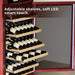 Wine rack with bottles inside, featuring adjustable shelves and soft LED lighting.