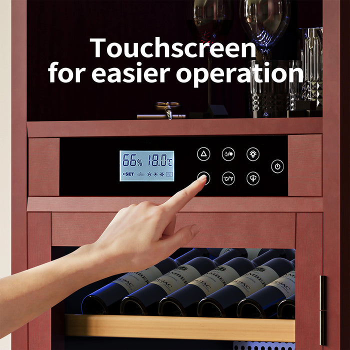 Hand interacting with a touchscreen on a wine cooler, with text 'Touchscreen for easier operation'.