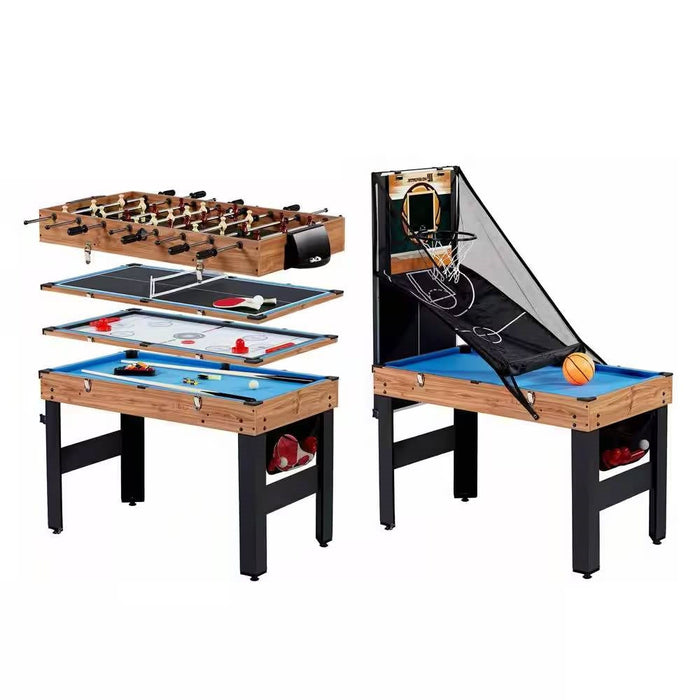 Multi-game table with foosball, ping pong, air hockey, and basketball components on a white background.