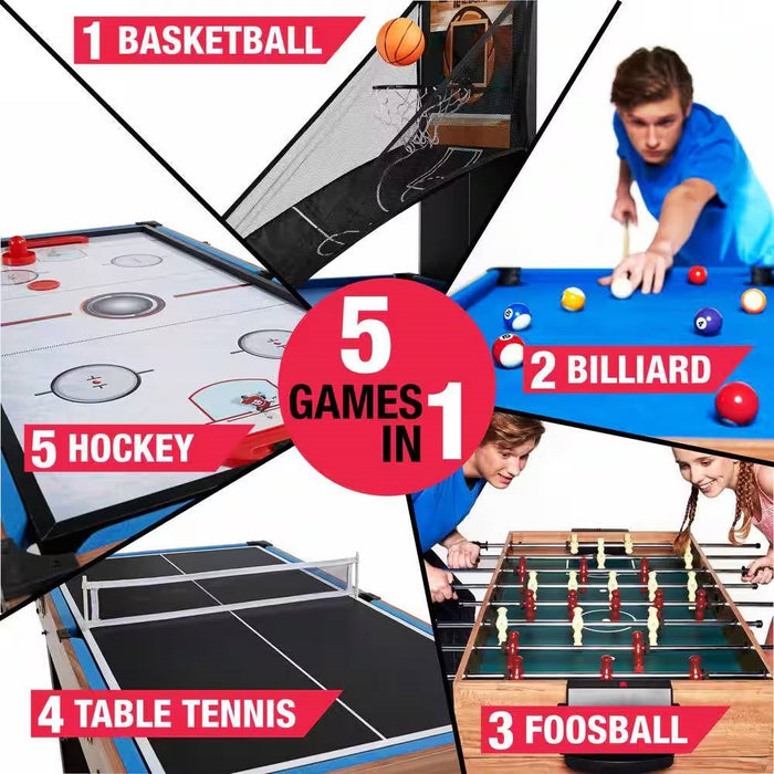 Multigame table with various games including basketball, hockey, billiards, foosball, and table tennis.