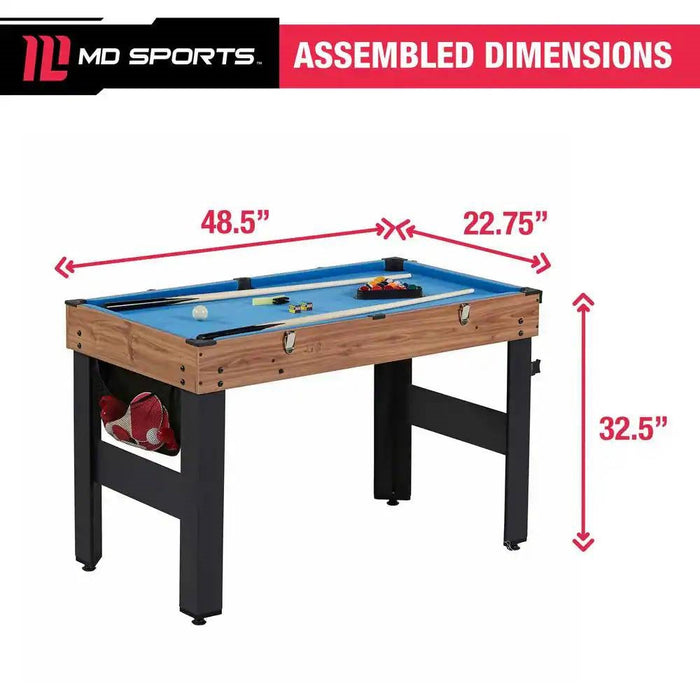 Pool table with assembled dimensions labeled, featuring MD Sports logo.
