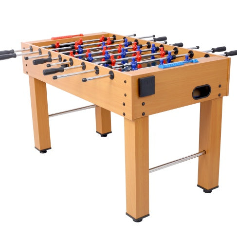 Foosball table with wooden surface and metal rods on a white background
