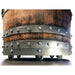 Wooden barrel with metal bands and wheels on a white background