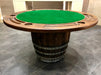 Wooden poker table with green felt surface on a tiled floor