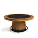 Wooden table with a black top on a white background