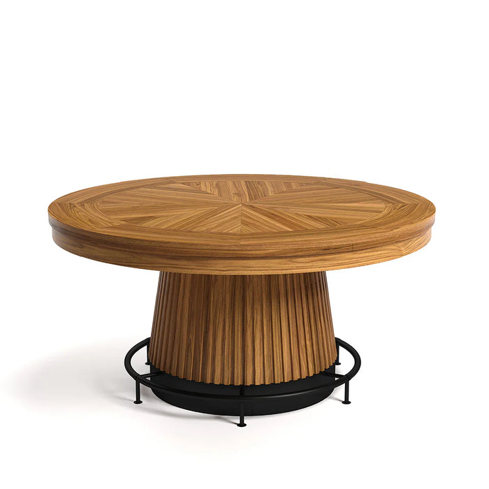 Wooden round table with a geometric pattern on a white background