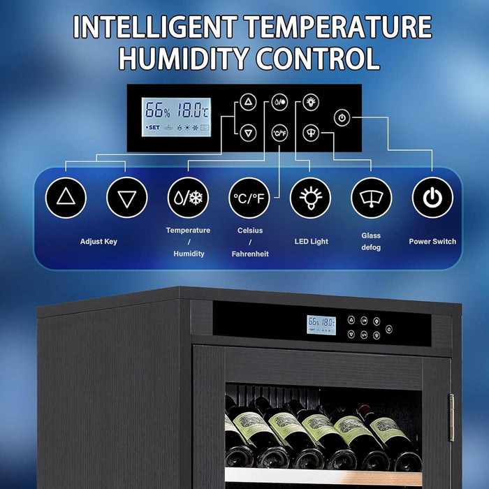 Wine cooler with digital control panel displaying temperature and humidity, against a blue gradient background.