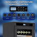 Wine cooler with digital control panel displaying temperature and humidity, against a blue gradient background.