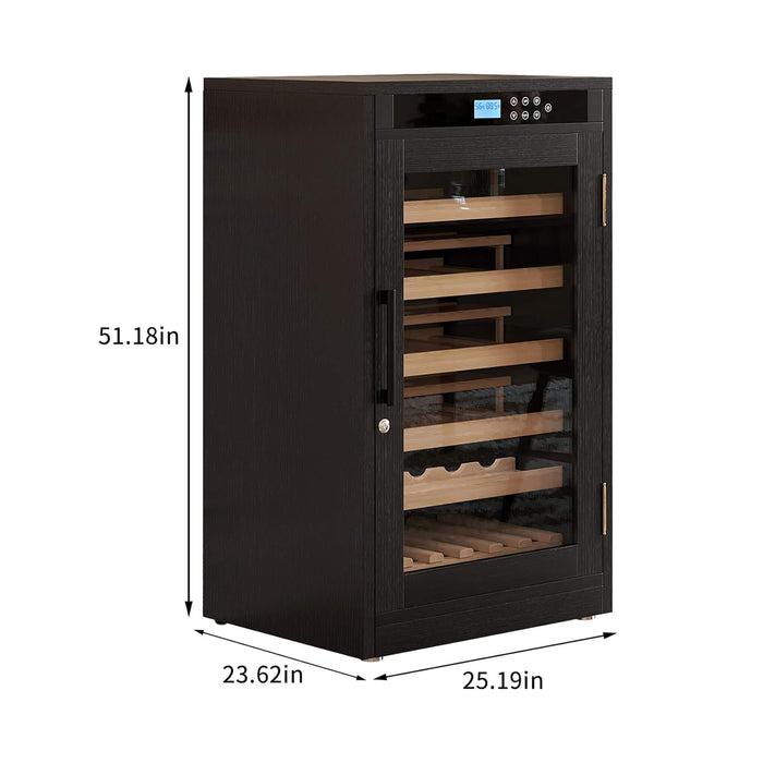 Black wine cooler with wooden shelves and dimensions displayed