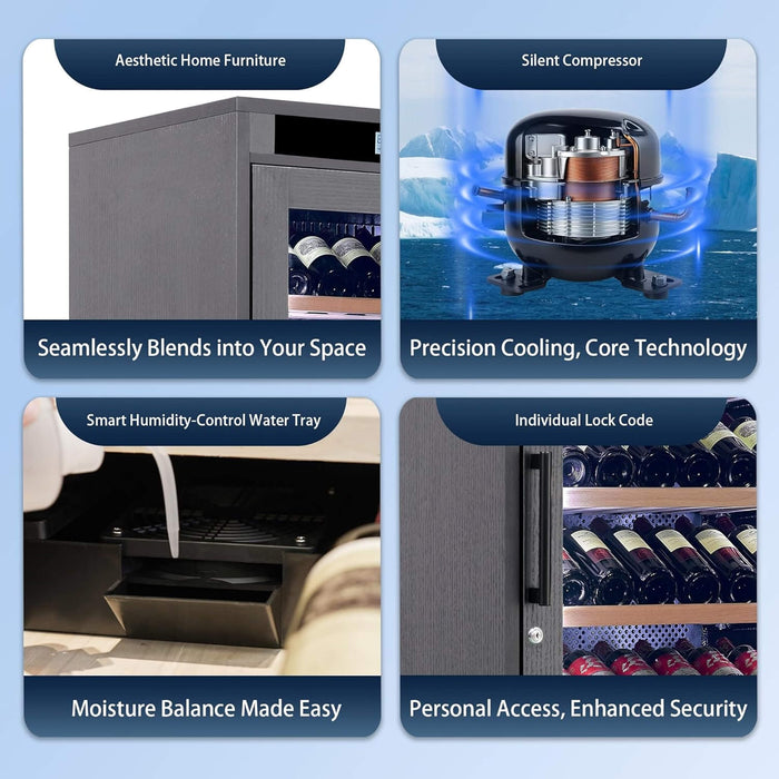 Wine cooler features with text highlighting design, technology, and functionality.