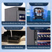 Wine cooler features with text highlighting design, technology, and functionality.