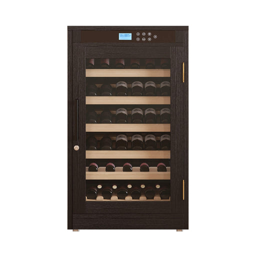 Wine cooler with wooden finish and digital display on a white background