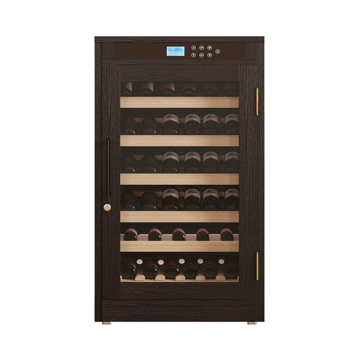 Wine cooler with wooden finish and digital display on a white background