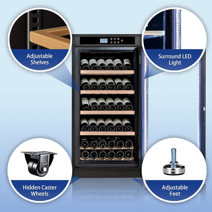 Wine cooler with features highlighted on a blue background
