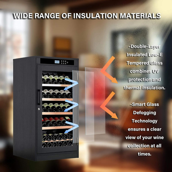 Wine cooler with insulation materials text overlay