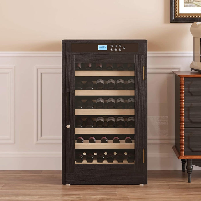 Wine cooler with wine bottles inside in a room setting