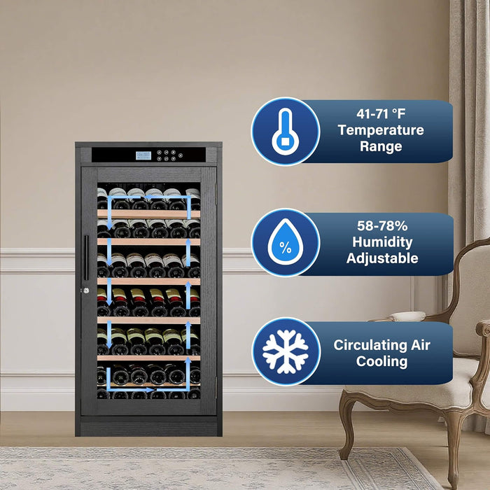 Wine cooler with wine bottles inside, featuring temperature, humidity, and cooling system icons on a beige wall background.