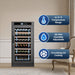 Wine cooler with wine bottles inside, featuring temperature, humidity, and cooling system icons on a beige wall background.