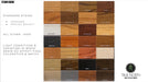 Wood stain color chart with various wood finishes on a white background