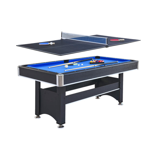 Multi-game table with pool and ping pong surfaces on a white background