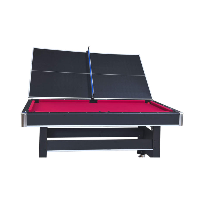 Multi-purpose pool and ping pong table with black top and red felt.