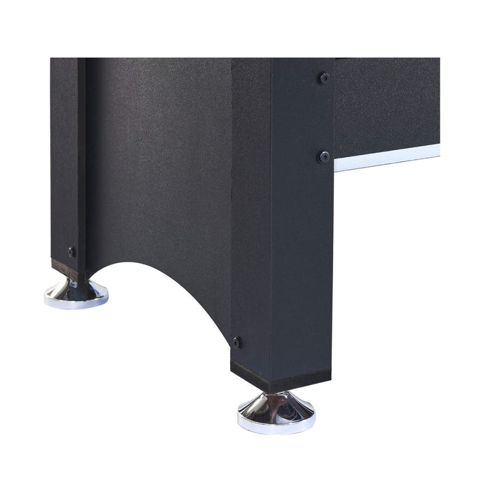 Black metal leg with chrome feet on a white background