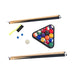 Pool cue, triangle rack with balls, brush, and ball on a white background
