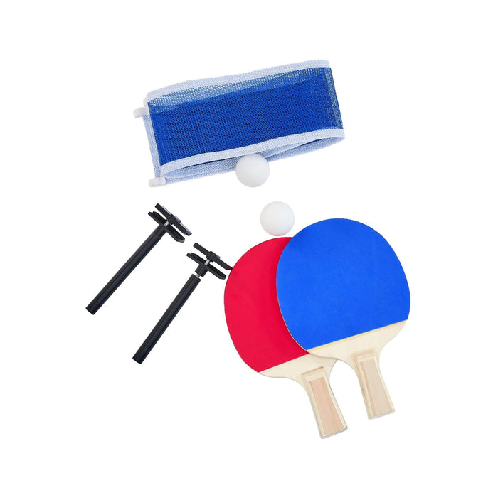 Table tennis set with two paddles, a net, and two balls on a white background