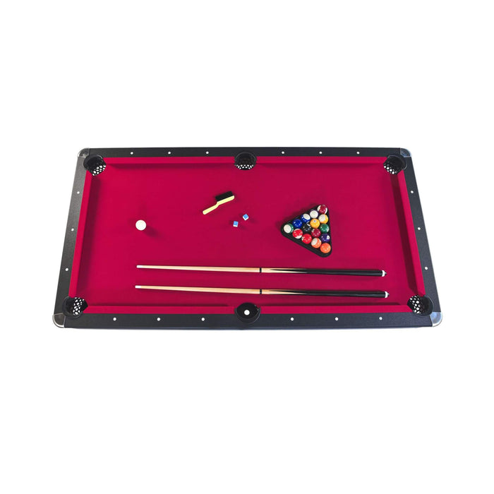 Pool table with red felt surface, pool cues, balls, and triangle rack on a white background
