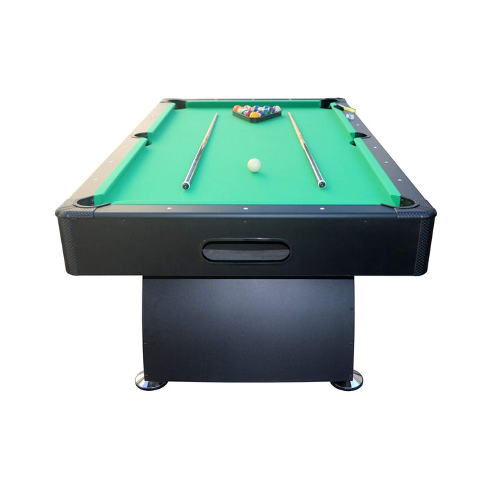 Pool table with green felt surface and billiard balls on a white background