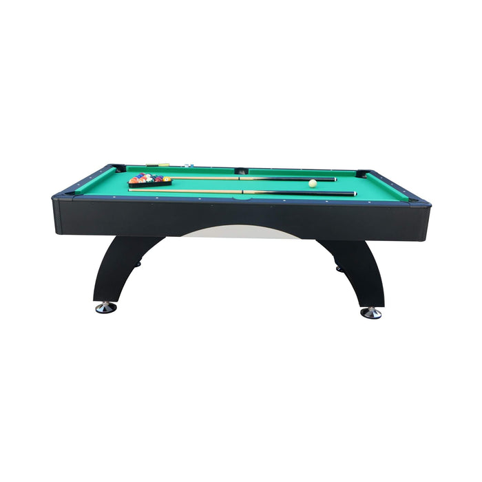 Pool table with green felt surface and billiard balls on a white background