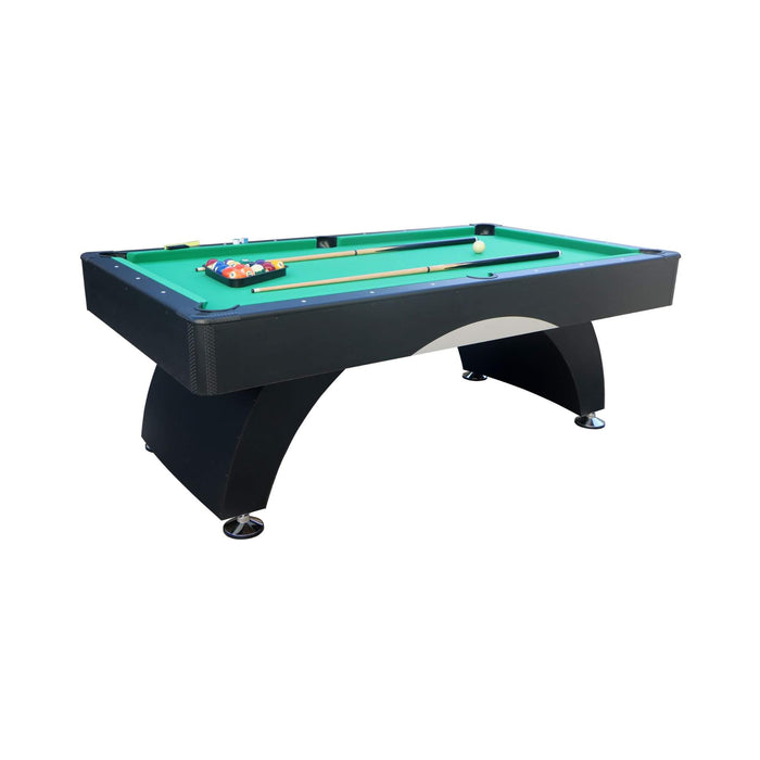 Pool table with green felt surface and billiard balls on a white background