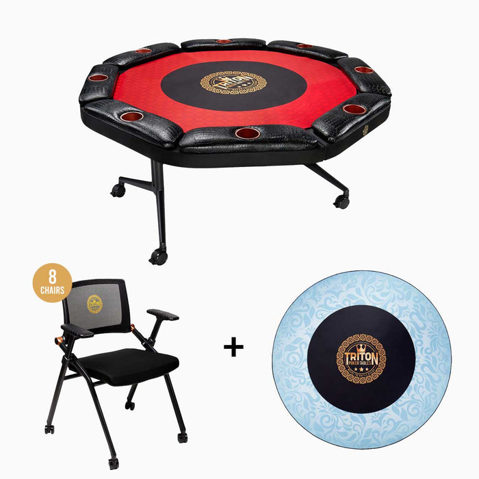 Poker table, chair, and mat with Triton logo on a white background