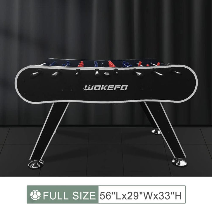 Foosball table with 'Wakefo' branding on a dark background