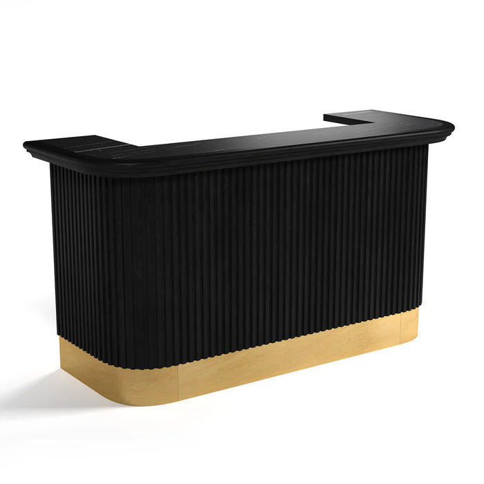Black reception desk with a gold base on a white background