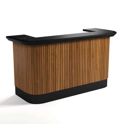 Wooden reception desk with black top on a white background