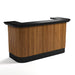 Wooden reception desk with black top on a white background