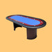 Oval-shaped poker table with blue playing surface on a beige background