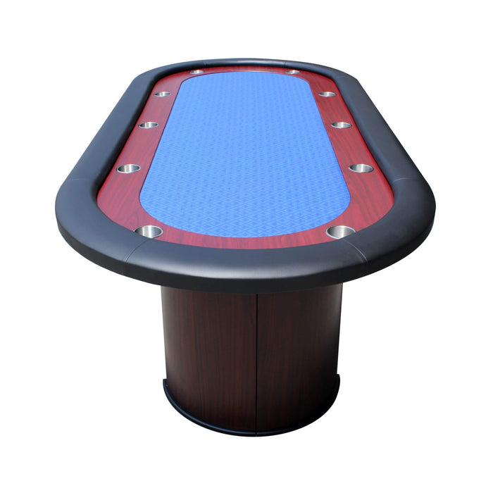 Poker table with blue playing surface and red border on a white background