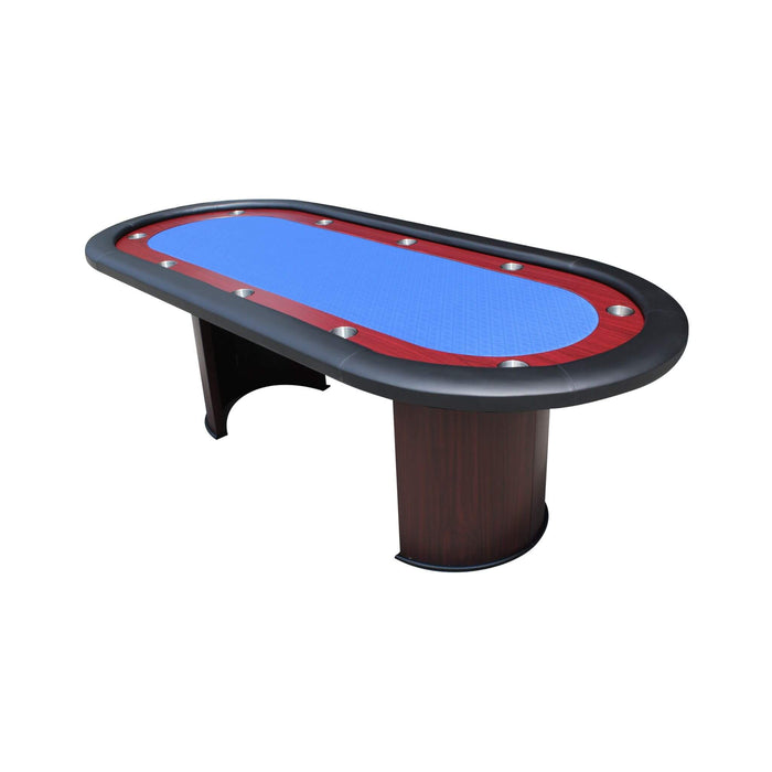 Poker table with blue playing surface and red border on a white background