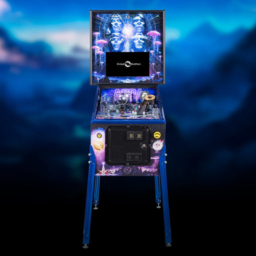 Pinball machine with colorful design and blue background