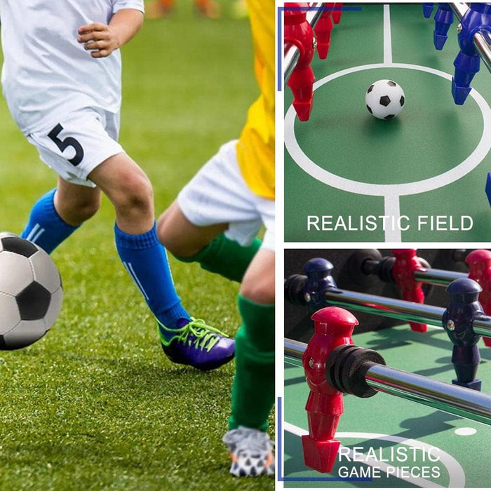 Collage of soccer action and table soccer with text 'Realistic Field' and 'Realistic Game Pieces'.