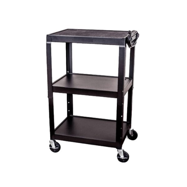 Black three-tier rolling cart on a white background