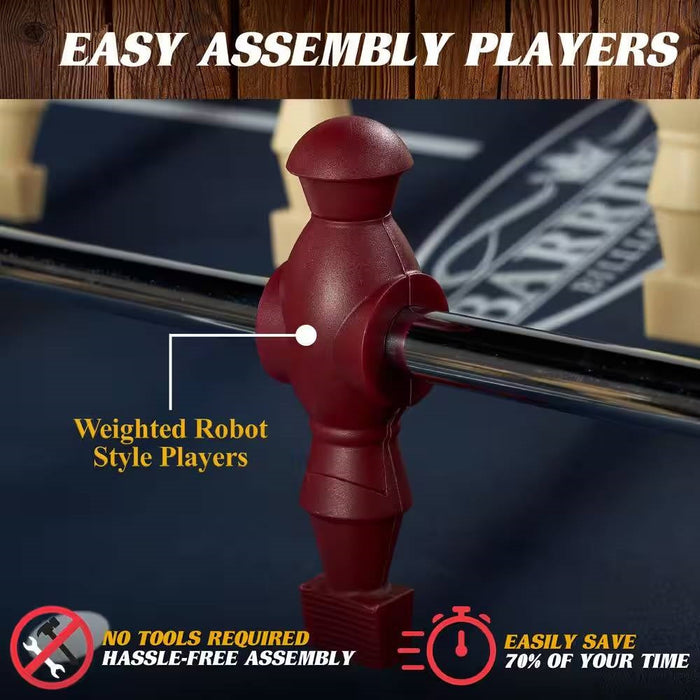 Red robot-style player piece on a pool table with text highlighting easy assembly features.