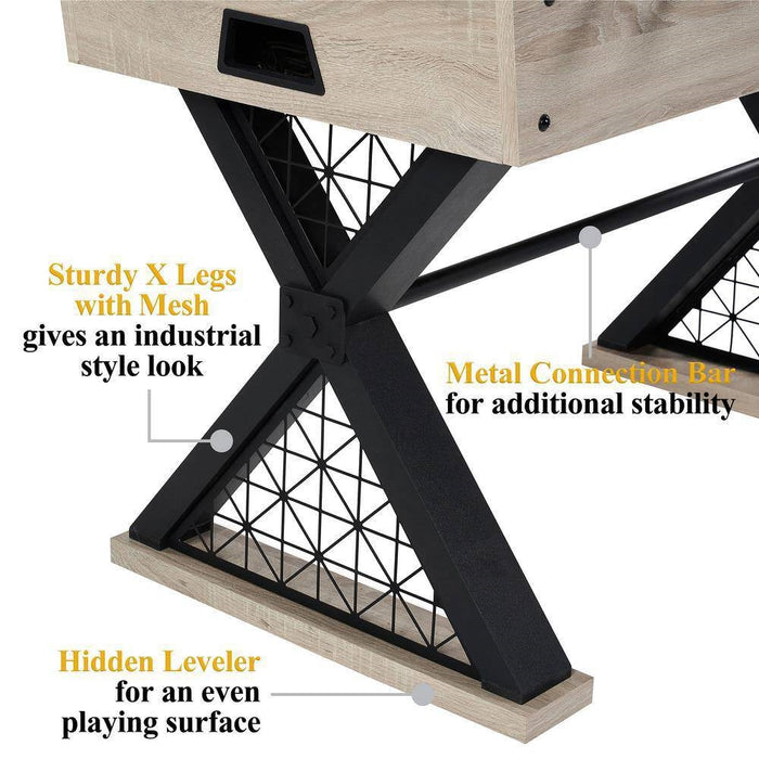 Wooden table with X-shaped legs and metal mesh, labeled features.